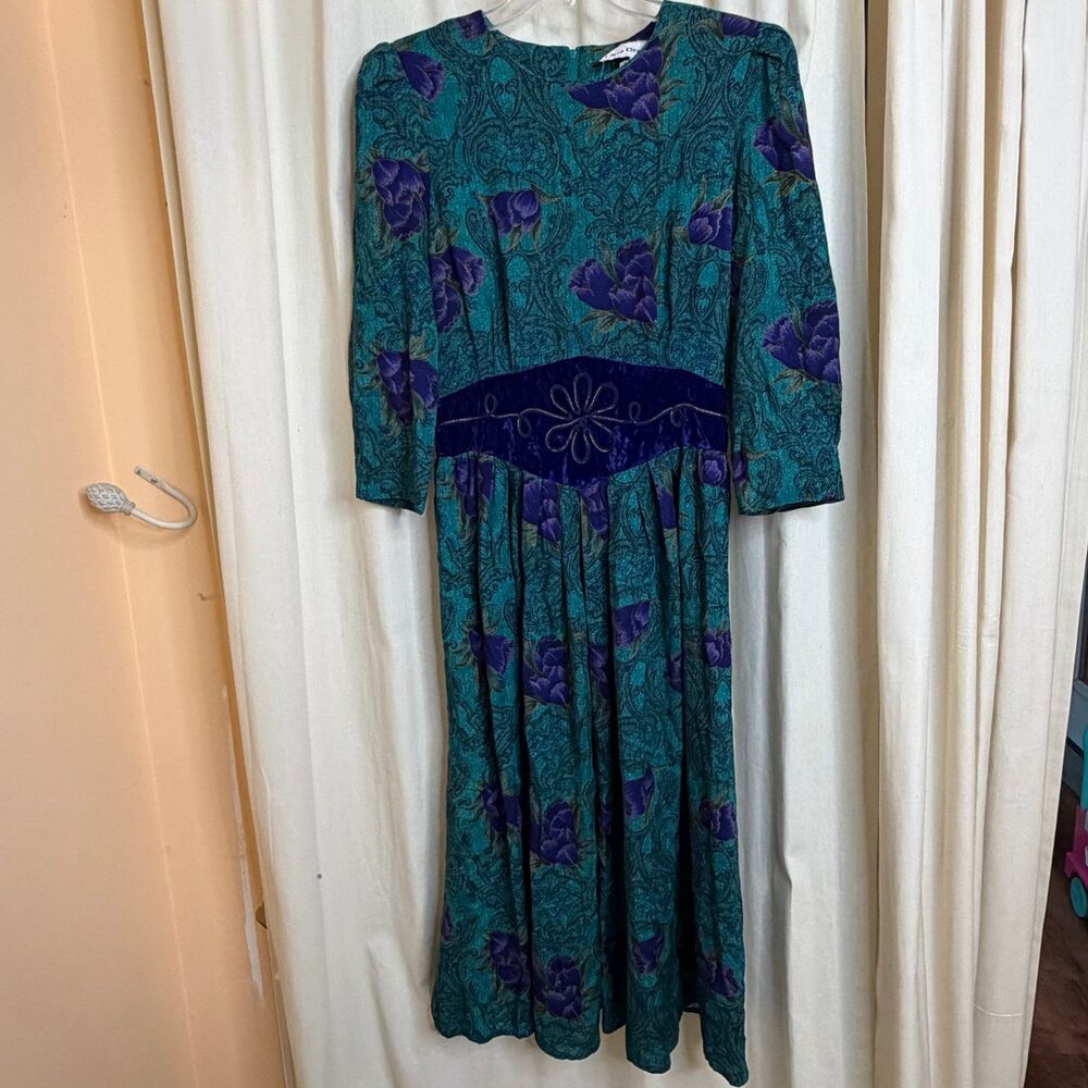 Vtg 80's ultra dress Petites Dress SZ 12 Purple Suede Waist Band Floral